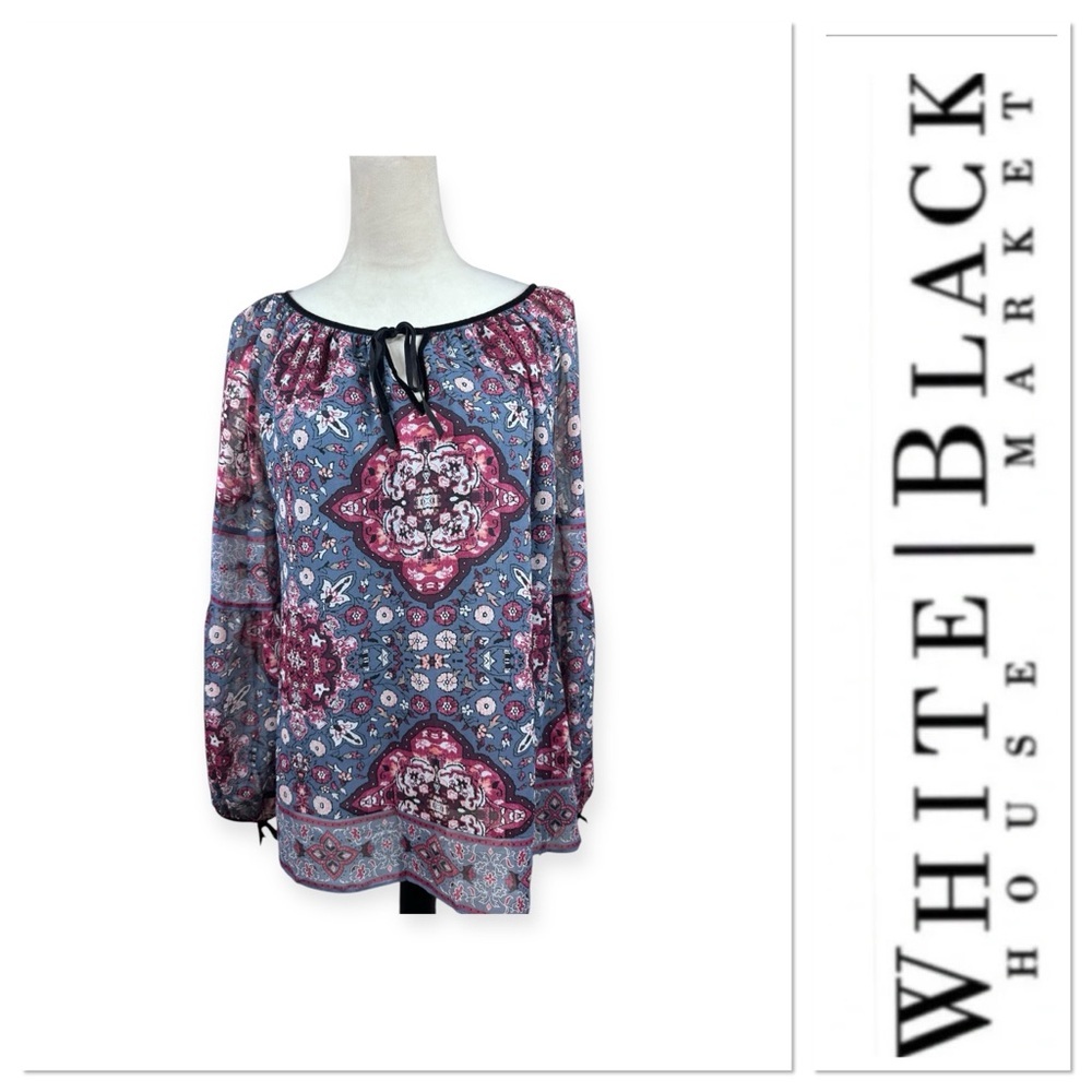 White House Black Market boho mosaic print long sleeve chiffon top size 10
